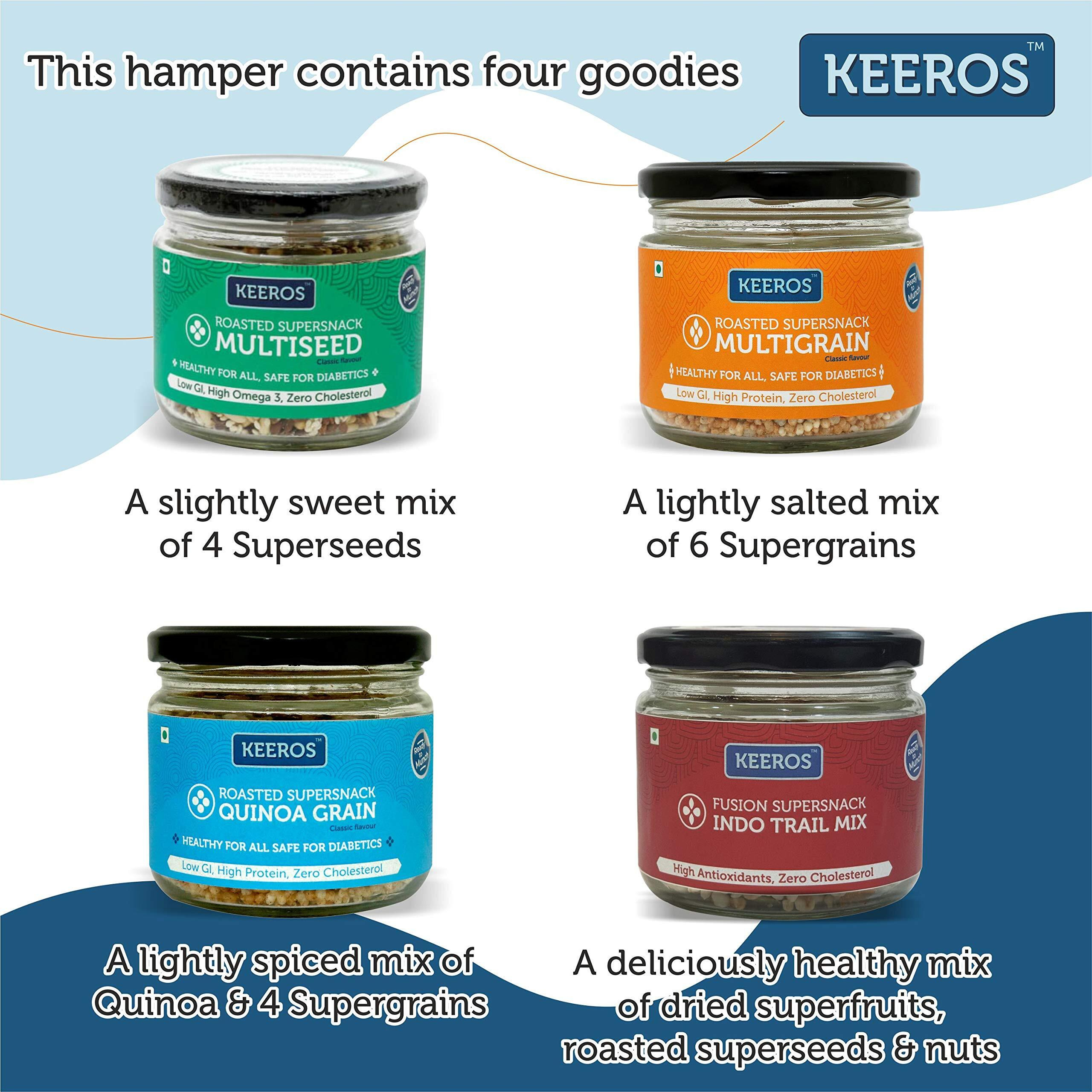 Keeros Healthy Rakhi Gift Hamper for Brother with Roli Chandan Tikka Chawal Mishri | Combo of Sweet & Salted, Tasty & Nutritious Super Snacks in Glass Jars Packed in a Beautiful Gift Hamper