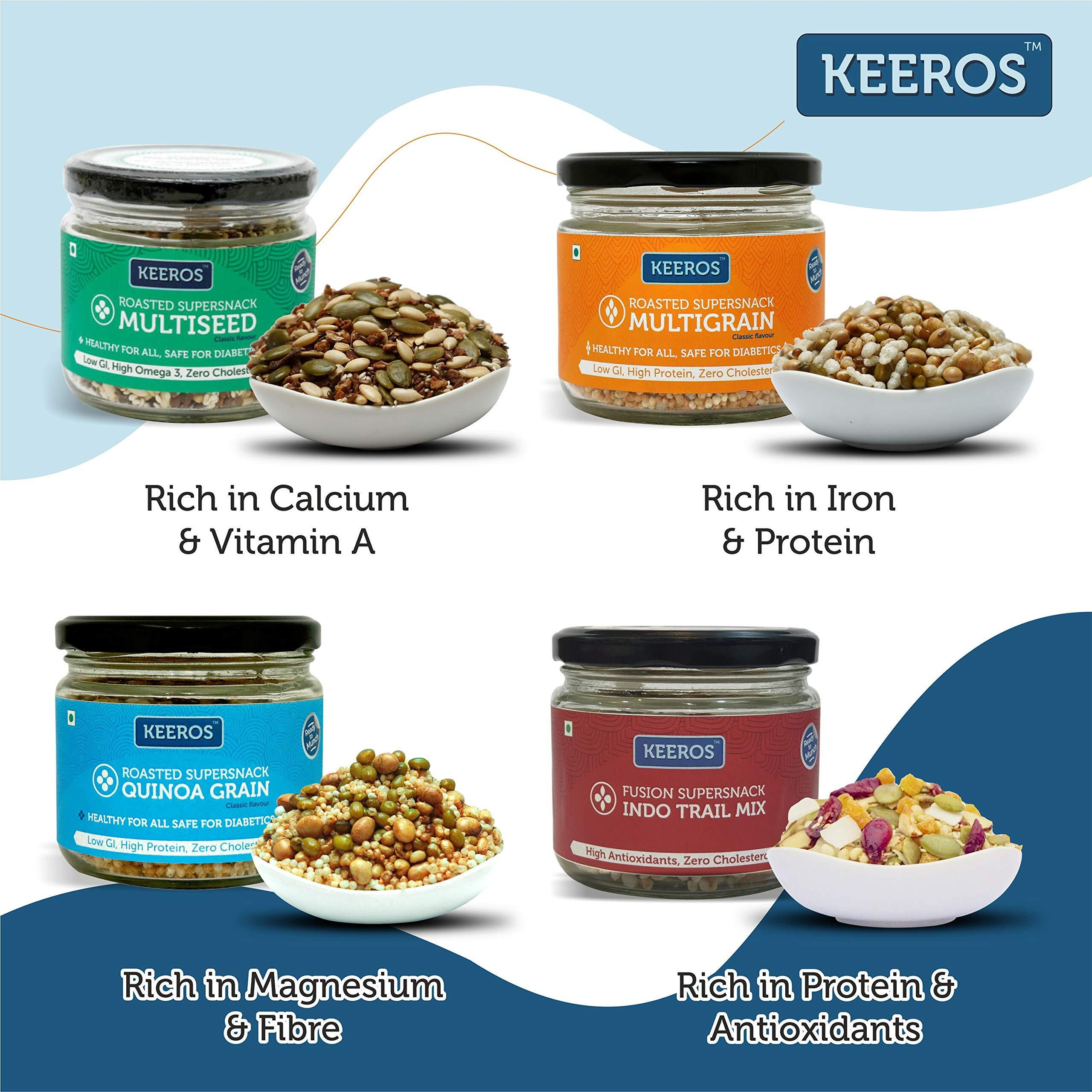 Keeros Healthy Rakhi Gift Hamper for Brother with Roli Chandan Tikka Chawal Mishri | Combo of Sweet & Salted, Tasty & Nutritious Super Snacks in Glass Jars Packed in a Beautiful Gift Hamper