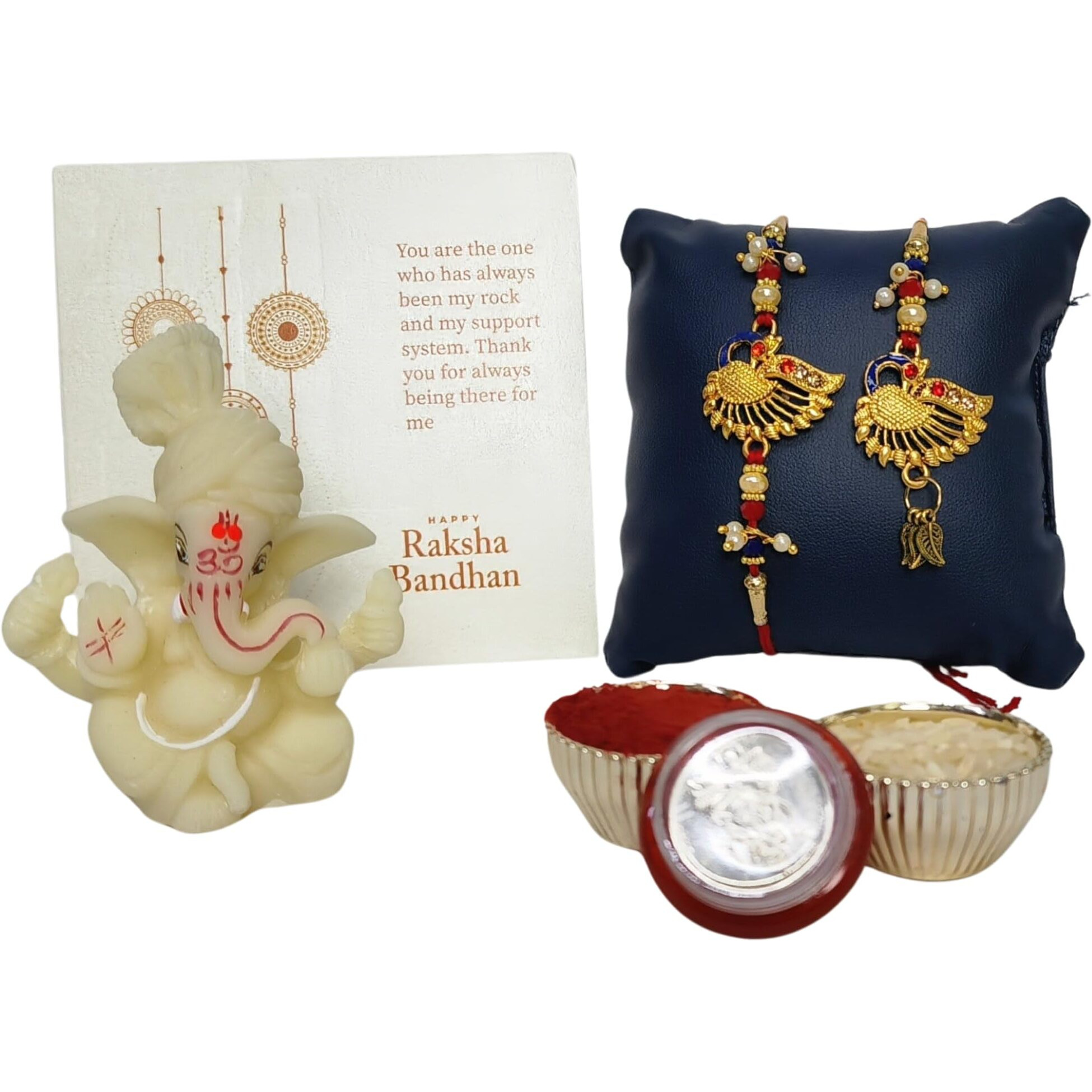 Gold Art India Ganesha & Free Rakhi Gift for Brother Rakhi Combo Set for Bhaiya and Lumba for Bhabhi with Roli and chawal, Silver Plated Coin,Greeting Card, Bhaiya Bhabhi Rakhi