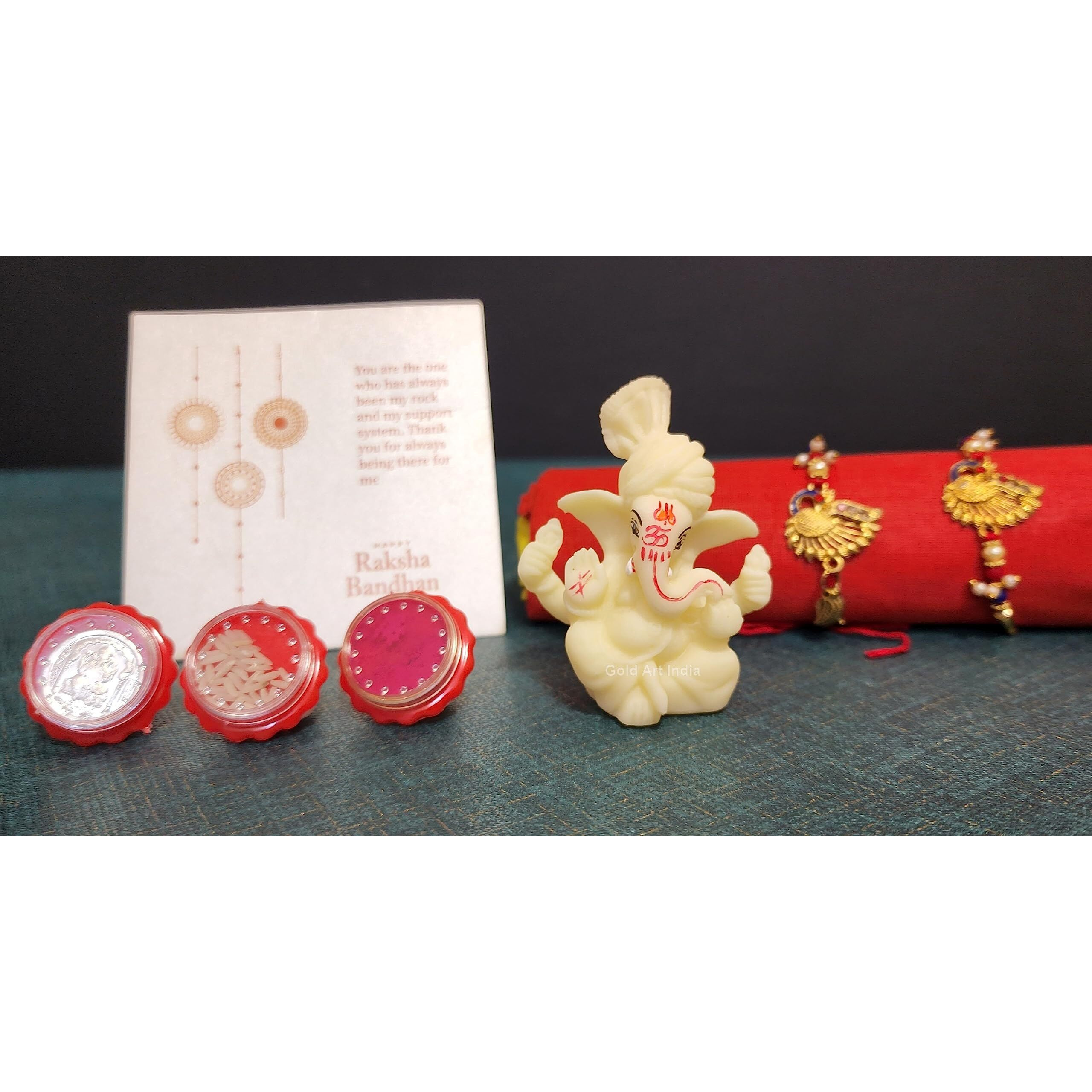 Gold Art India Ganesha & Free Rakhi Gift for Brother Rakhi Combo Set for Bhaiya and Lumba for Bhabhi with Roli and chawal, Silver Plated Coin,Greeting Card, Bhaiya Bhabhi Rakhi