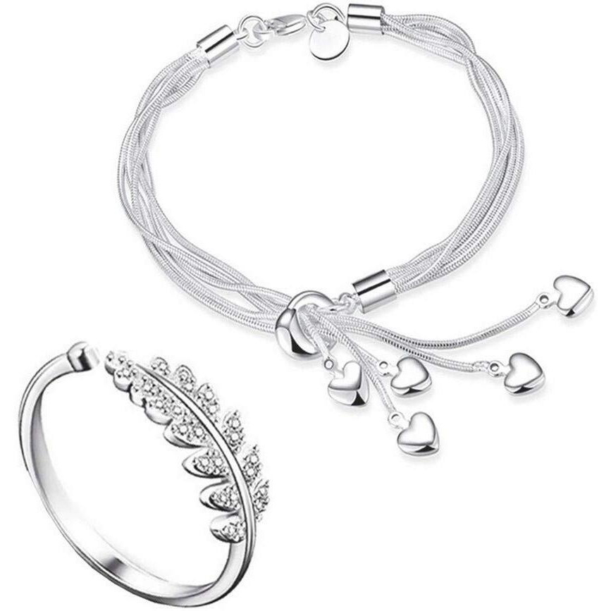 University Trendz Rakshabandhan Rakhi Gift for Girls and Women, Silver Heart Charm Bracelet and Leaf Ring with Crystal