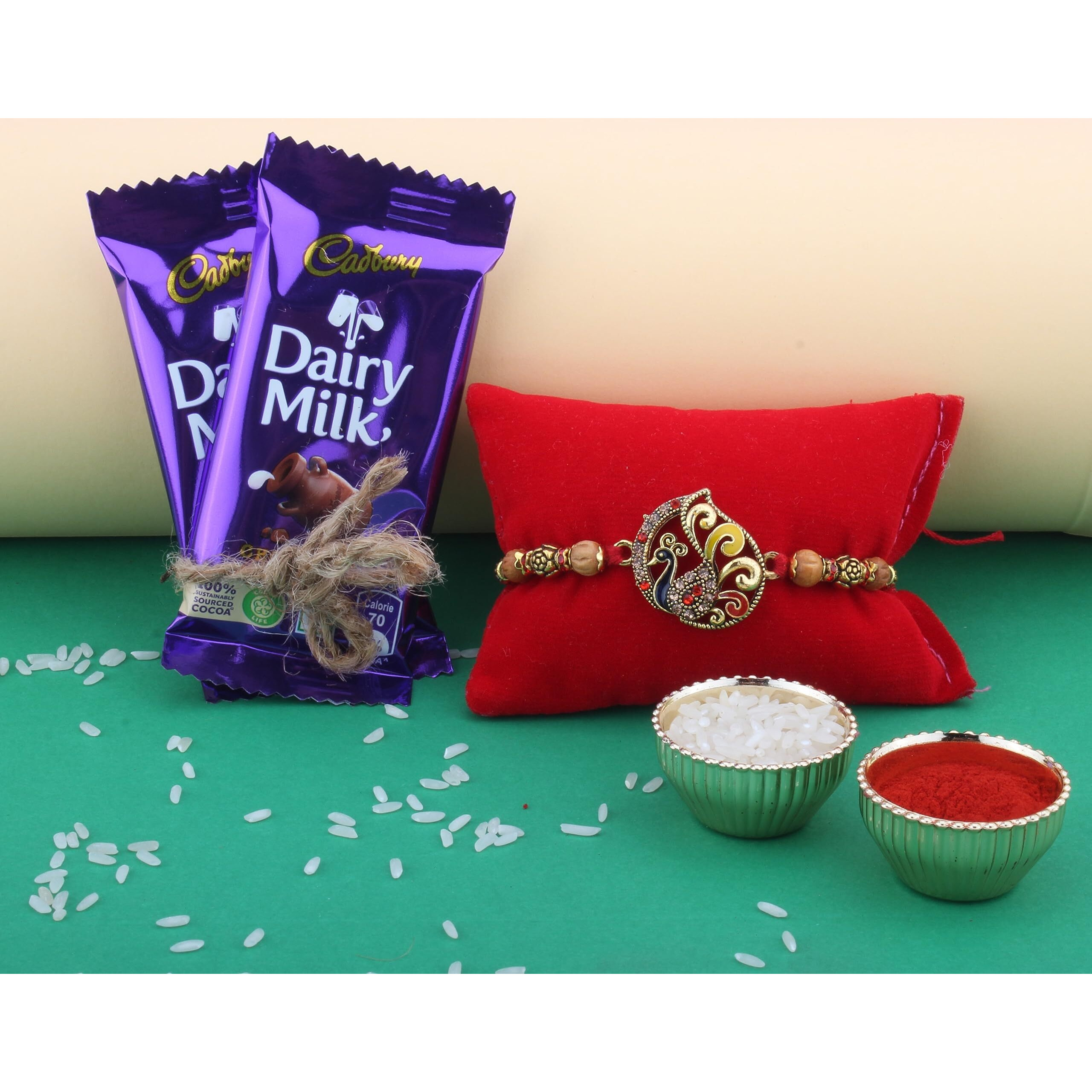 SFU E Com Cadbury Dairy Milk Chocolate | Peacock Rakhi with Chocolate Gift for Brother | Rakhi for Brother | Roli, Chawal, Chandan, Misri | 35