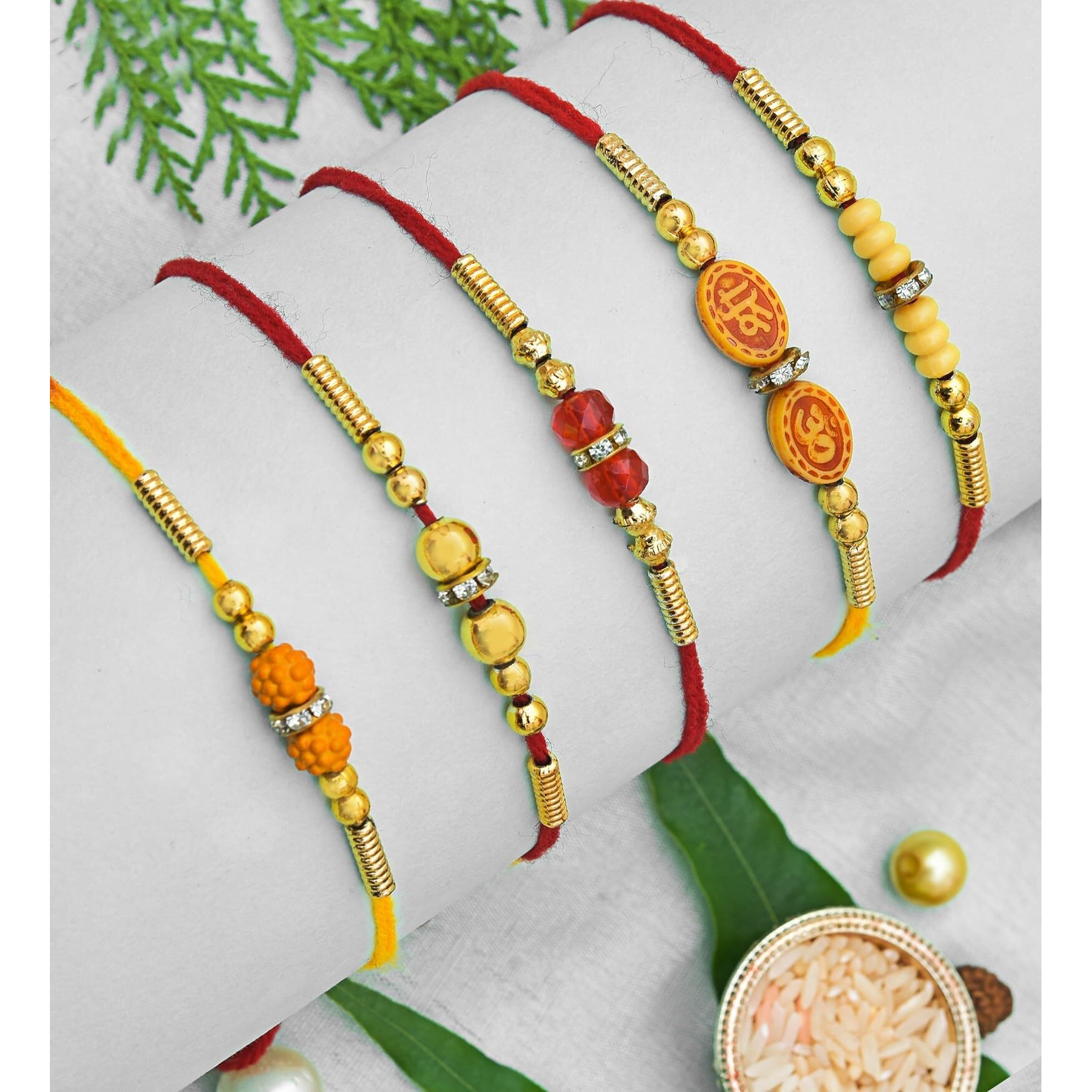 Rajkriti Combo of 5 Dora Rakhi Set for Brother, Bhaiya, Bhabhi for Rakhi/Rakshabandhan with Roli Chawal & Greeting Card | Premium Rakhi Hamper-RHMNX9507861