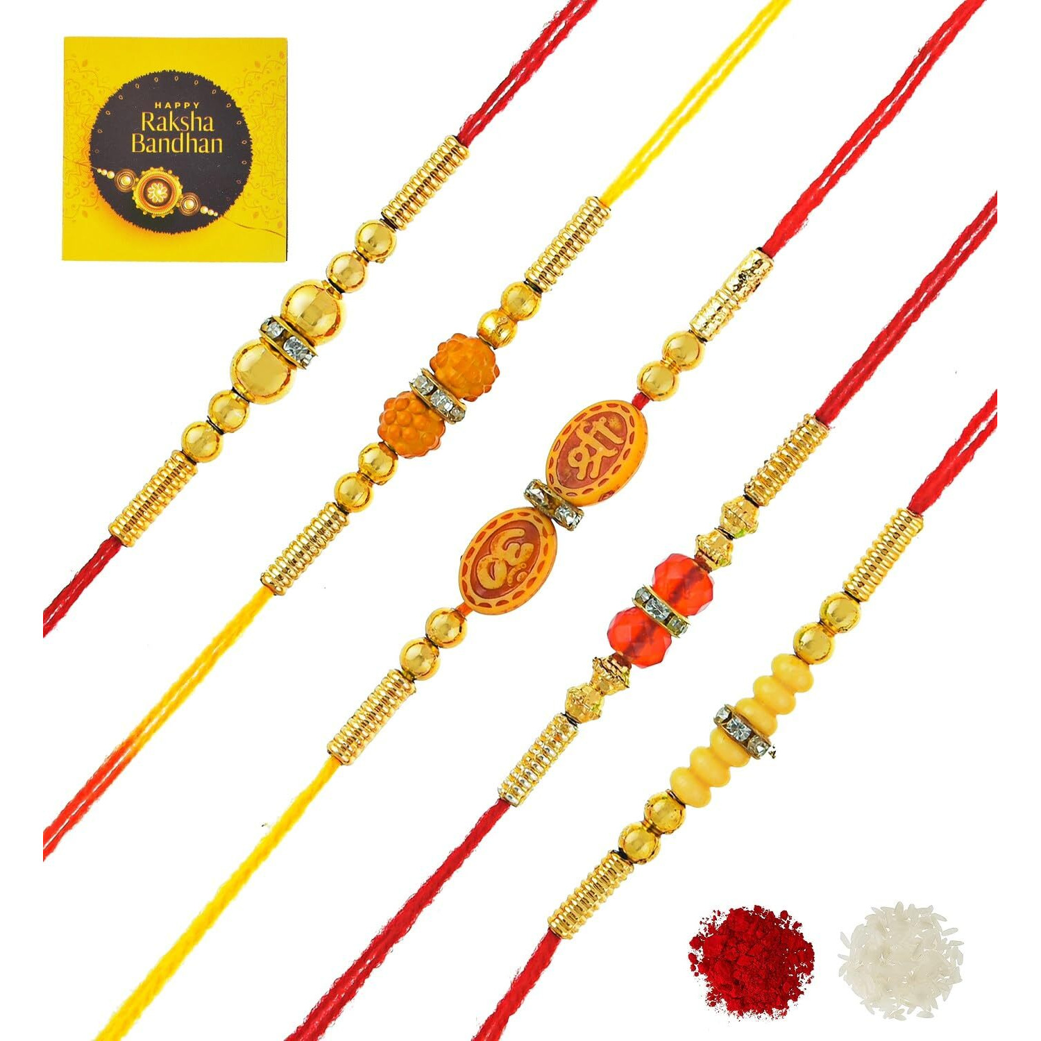 Rajkriti Combo of 5 Dora Rakhi Set for Brother, Bhaiya, Bhabhi for Rakhi/Rakshabandhan with Roli Chawal & Greeting Card | Premium Rakhi Hamper-RHMNX9507861