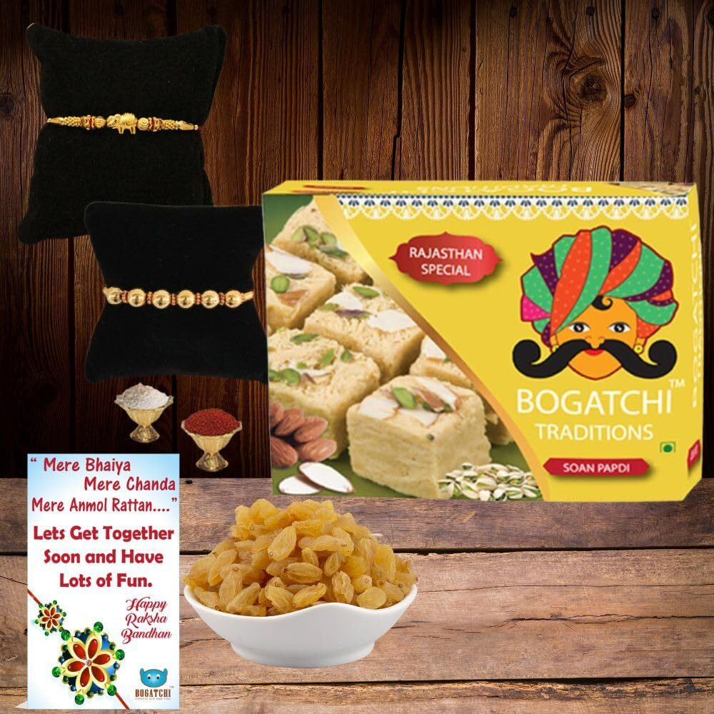 BOGATCHI Rakhi with Sweets for Brother, Traditional Soan Papdi, 200gm with 2 Rakhi + Natural Raisins,50g + Roli Chawal + Free Rakhi Greeting Card