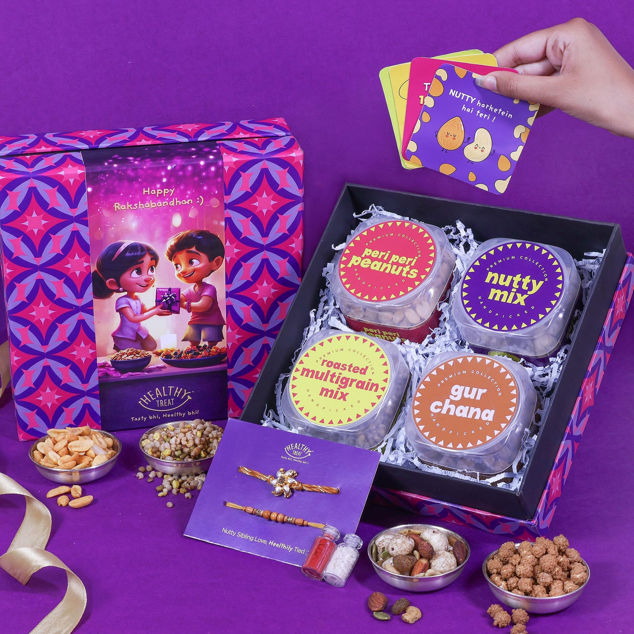 Healthy Treat Nourishing Rakhi Gift Hamper Combo for Brother With Rakhi | Healthy Snacks, Rakhi Cards, Roli Chawal, Rakhi Pack of 2 | Raksha Bandhan Gift Box Set | Premium Gift Hamper