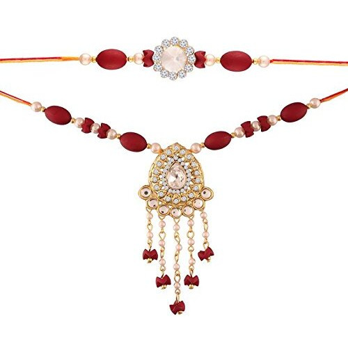 I Jewels Men Gold Plated Pearl And Kundan Rakhi Set For Bhaiya Bhabhi (R617Co)