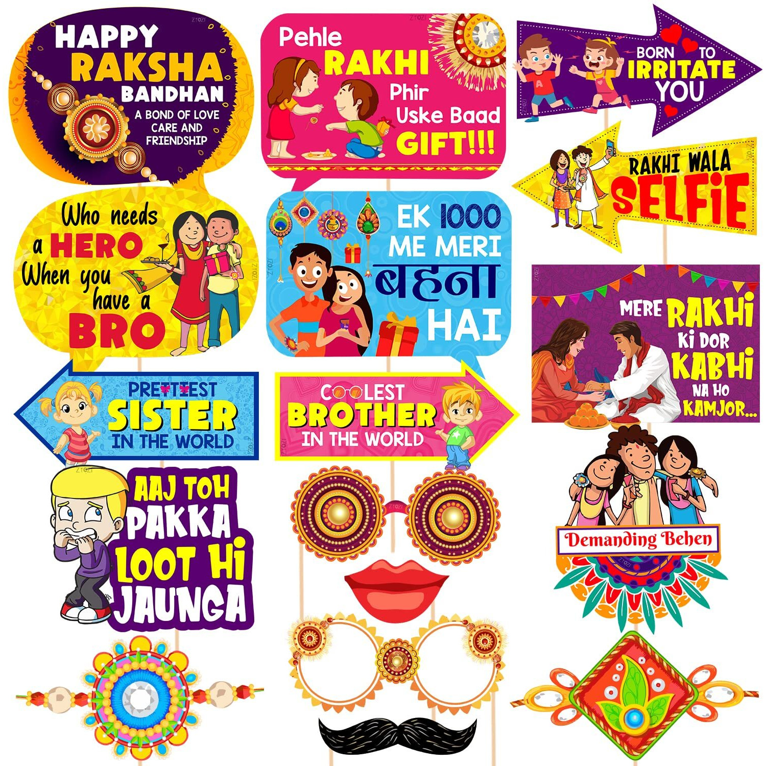 Zyozique 17 Pcs Rakhi Photo Booth Props/Raksha Bandhan Props for Photoshoot/Happy Raksha Bandhan Props/Happy Rakhi Decoration for Raksha Bandhan Festival Photo Props