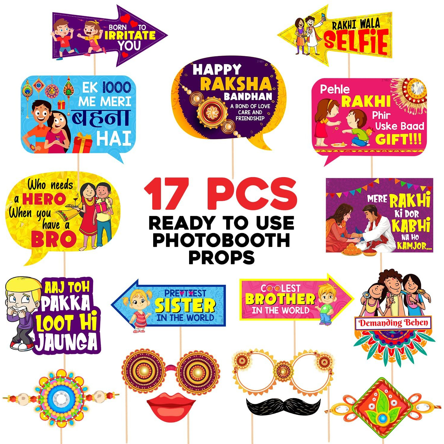 Zyozique 17 Pcs Rakhi Photo Booth Props/Raksha Bandhan Props for Photoshoot/Happy Raksha Bandhan Props/Happy Rakhi Decoration for Raksha Bandhan Festival Photo Props