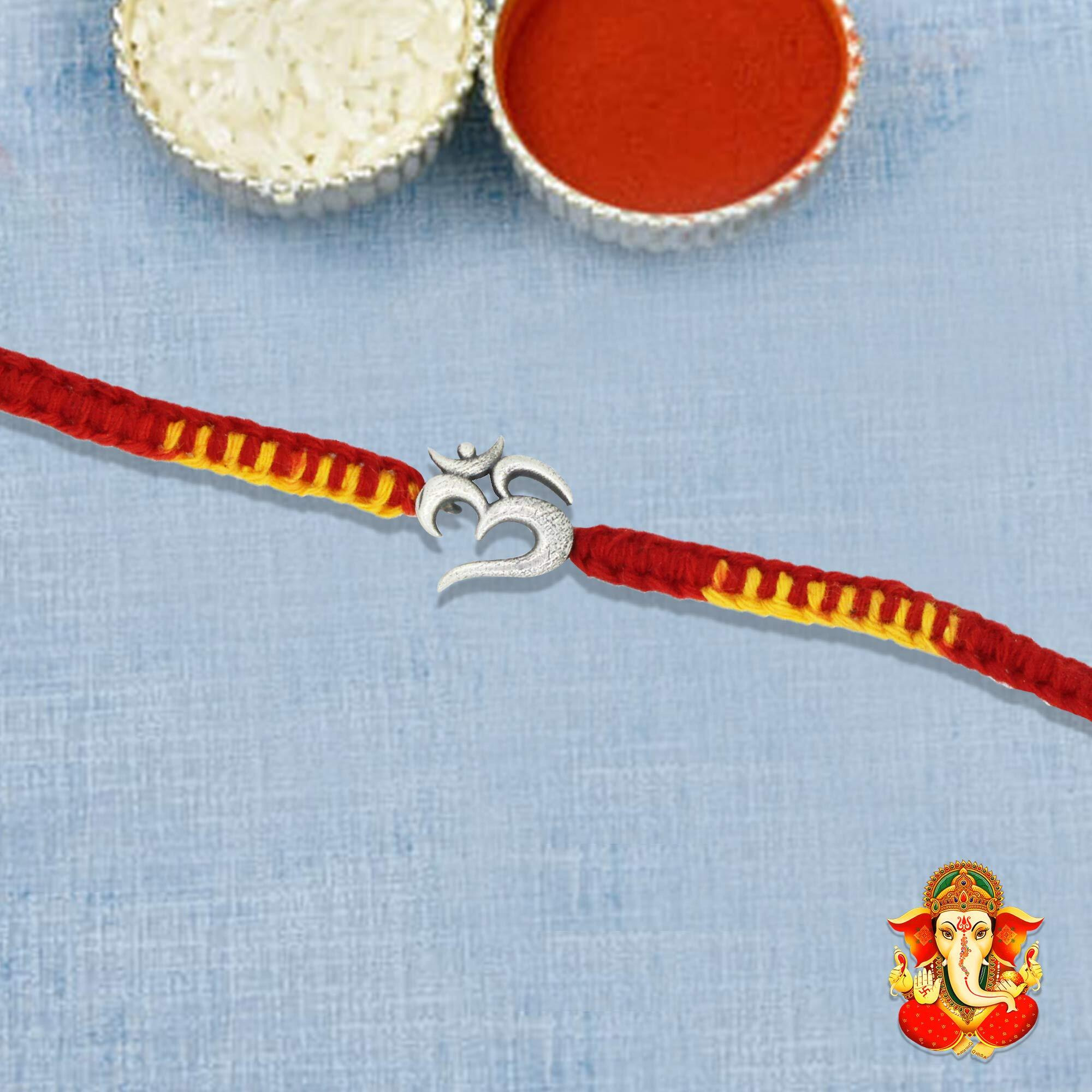 SJ SHUBHAM JEWELLERS 925 Sterling Silver Rakhi for brother God Rakhi Bracelet Raksha Bandhan Pure Cotton For Men, Boys, Kids Rakhi With Roli Chawal