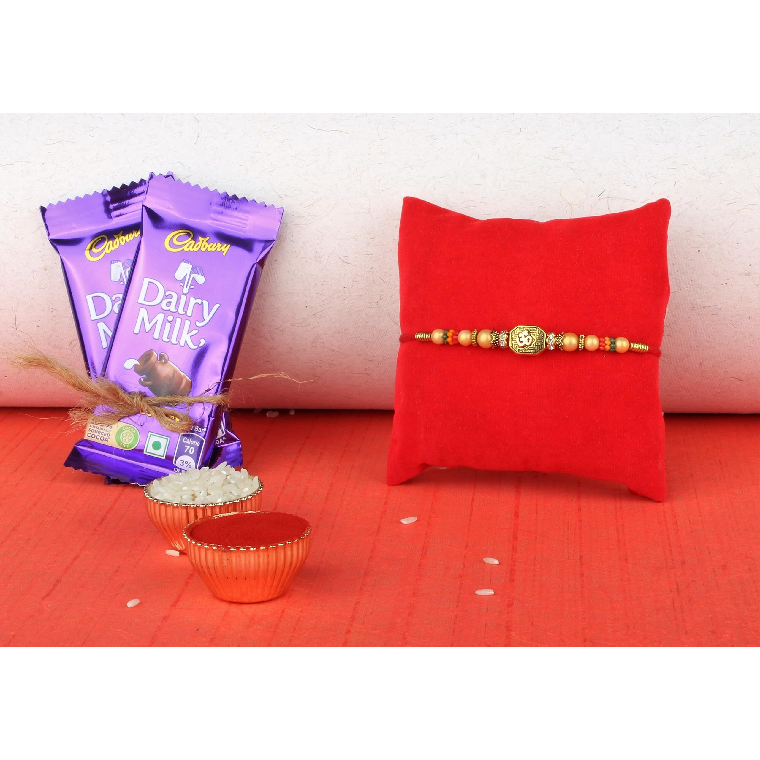 Astonished Retail Premium Designer Om Rakhi with 2 Pieces Dairy Milk Chocolates | Rakhi Chocolate Gift for Brother | Roli, Chawal, Chandan, Misri | 4