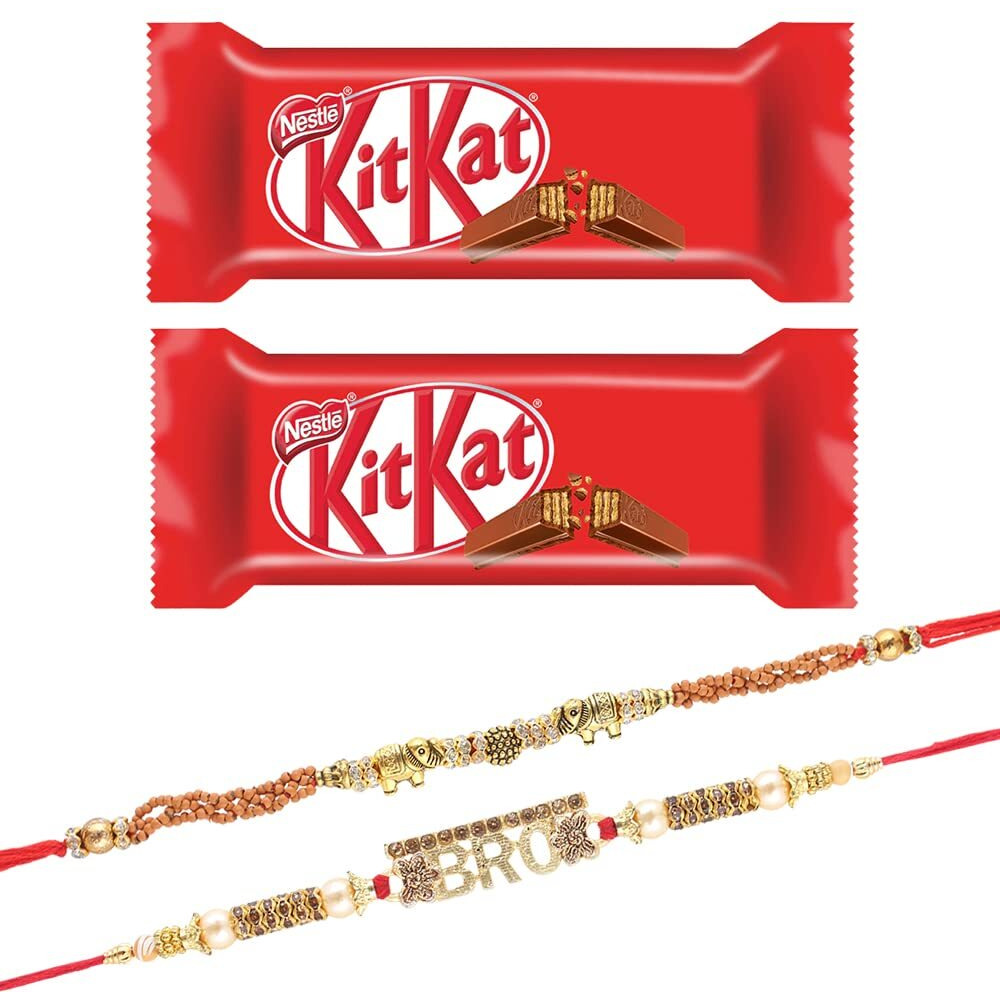 SFU E Com Nestle 2 Kitkat with Set of 2 Rakhi | Rakhi Chocolate Gift Hamper | Rakhi with Chocolates| Roli, Chawal, Chandan, Misri | 26