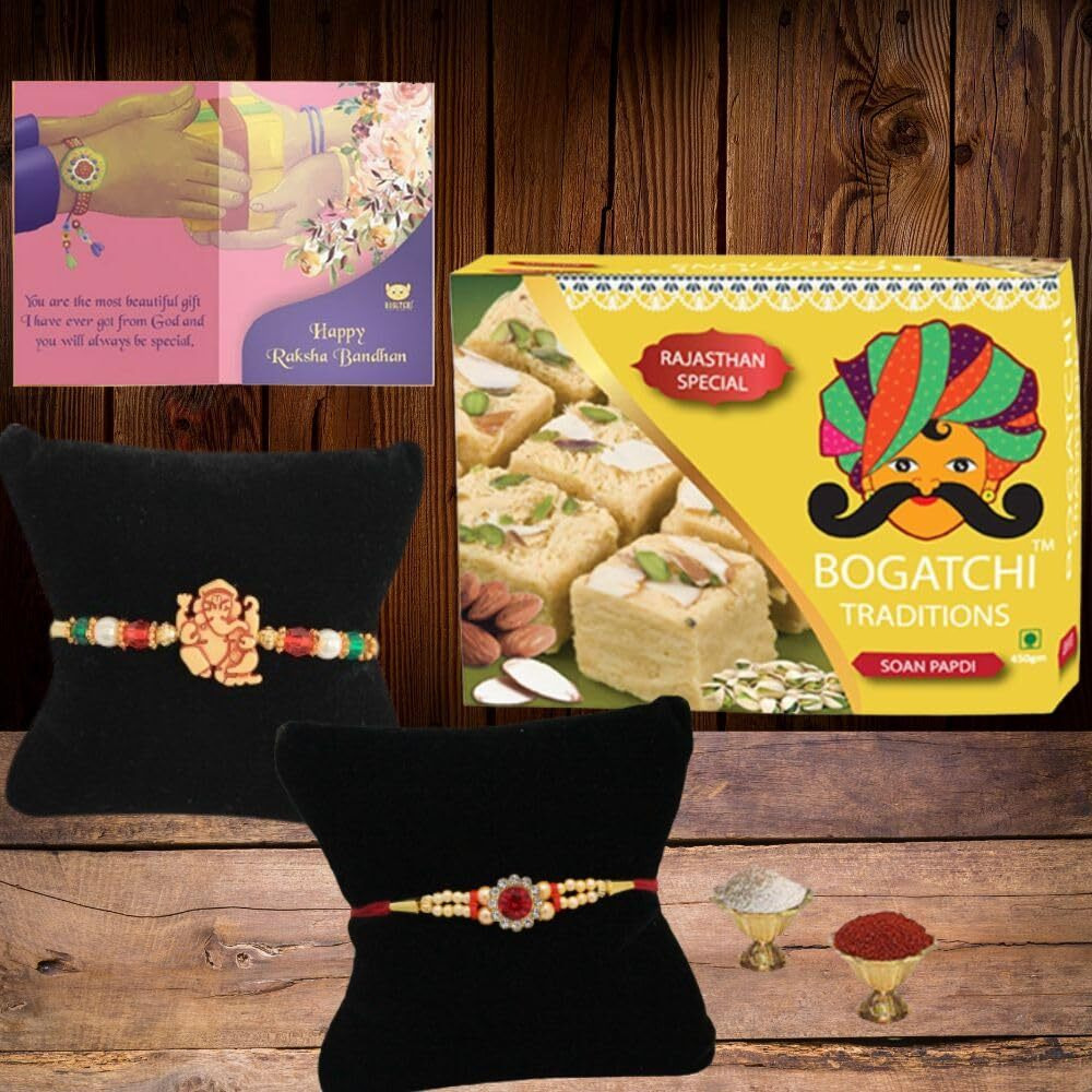 BOGATCHI Soan Papdi Rakhi Combo Gift,Rakhi Gift Complete Hamper, Rakhi Gift for Brother, Rakhi Sweets for Brother,400g + Free Rakhi Greeting Card + Free Rakhi + Roli Chawal