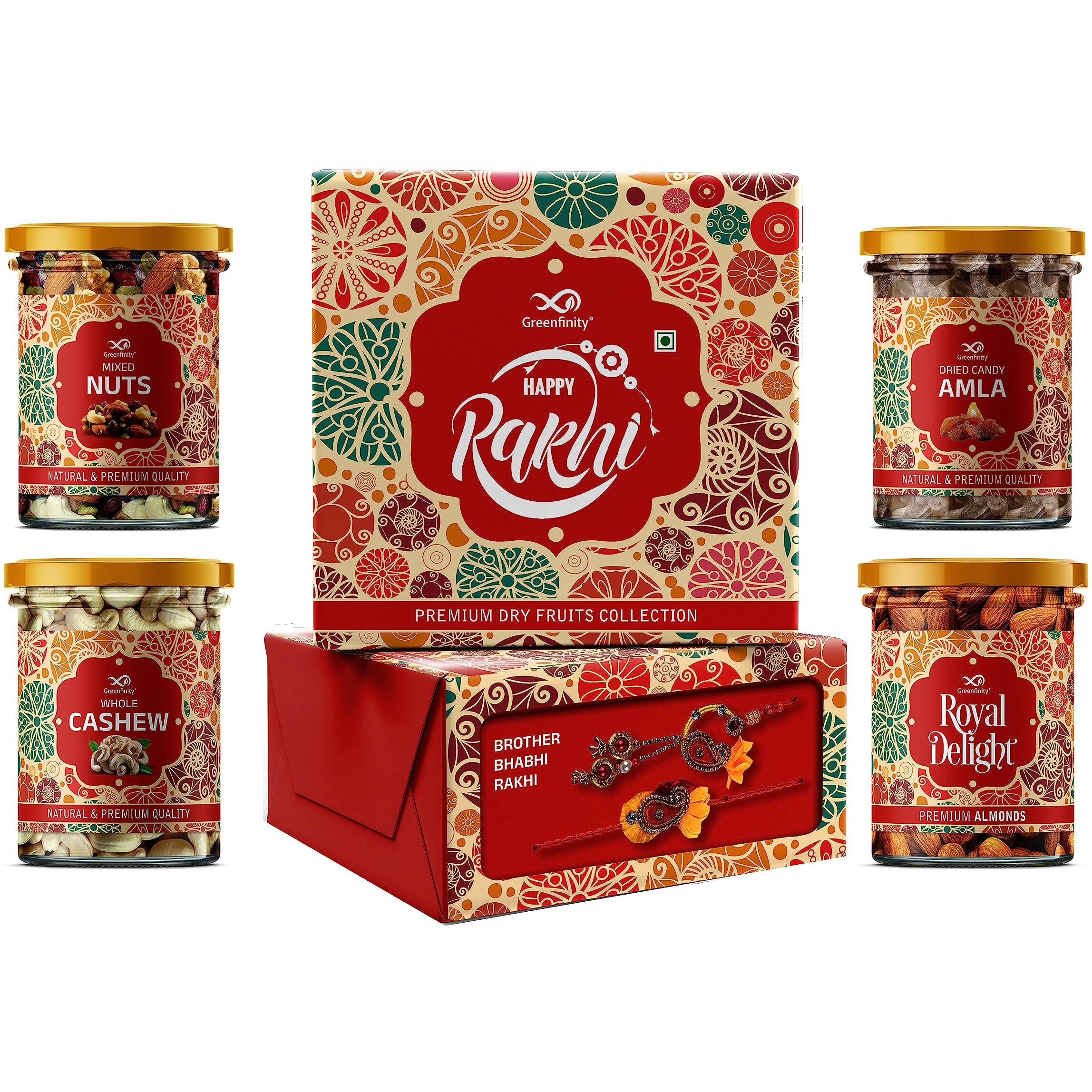 GreenFinity Rakhi for Brother Combo with Dry Fruits Premium Rakhi Gift Hamper with California Almonds, Mixed Nuts, Cashew Nuts, Amla Candy - (100g * 4) 400g, Best Gift For Rakhi to Your Brother & Bhabhi.