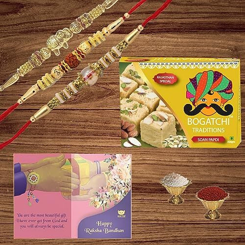 BOGATCHI Rakhi Sweets for Brother, Traditional Soan Papdi, 400gm with 3 Rakhi + Roli Chawal + Free Rakhi Story Card