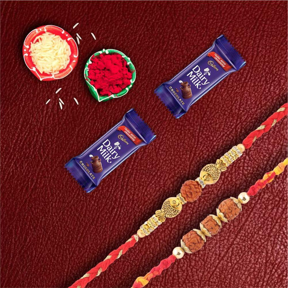 Astonished Retail Premium Designer Set of 2 Rakhi with 2 Pieces Dairy Milk Chocolates | Rakhi Chocolate Gift for Brother | Roli, Chawal, Chandan, Misri | 32