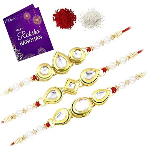 Peora Thread Rakhi for Brother Beautiful Kundan Beads Raksha Bandhan Rakhi with Roli Chawal Greeting Card (Combo Pack of 3) For Men