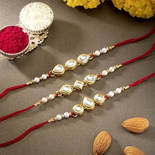 Peora Thread Rakhi for Brother Beautiful Kundan Beads Raksha Bandhan Rakhi with Roli Chawal Greeting Card (Combo Pack of 3) For Men