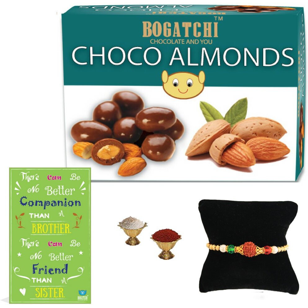 BOGATCHI Rakhi Chocolate Gift Hamper for Brother, Chocolate Coated Almonds, 200g + Free Rakhi Greeting Card + Free Rakhi + Roli Chawal