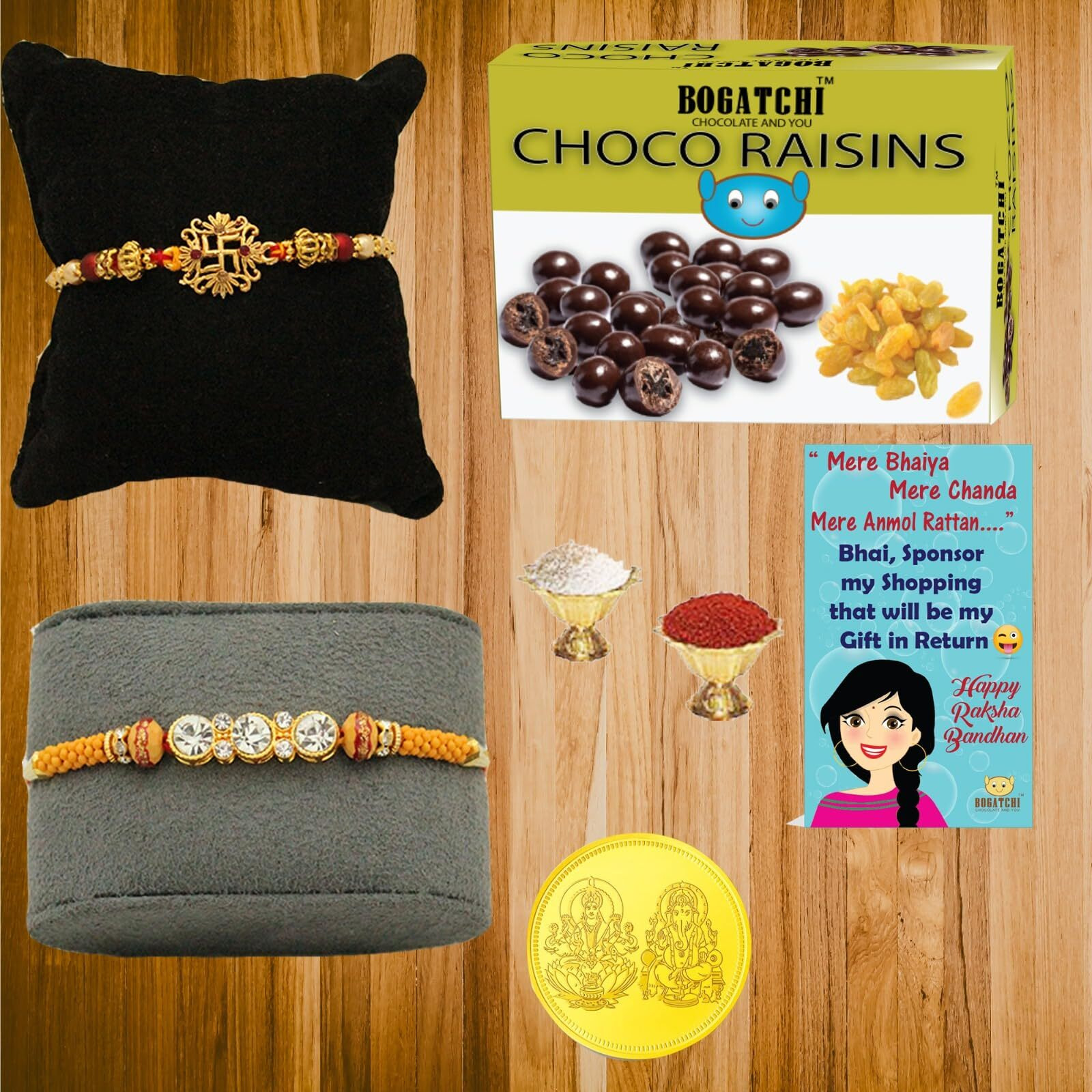 BOGATCHI Rakhi Chocolate Gift Hamper for Brother, Chocolate Coated Raisins, 200g + Free Rakhi Greeting Card + Free Rakhi + Roli Chawal