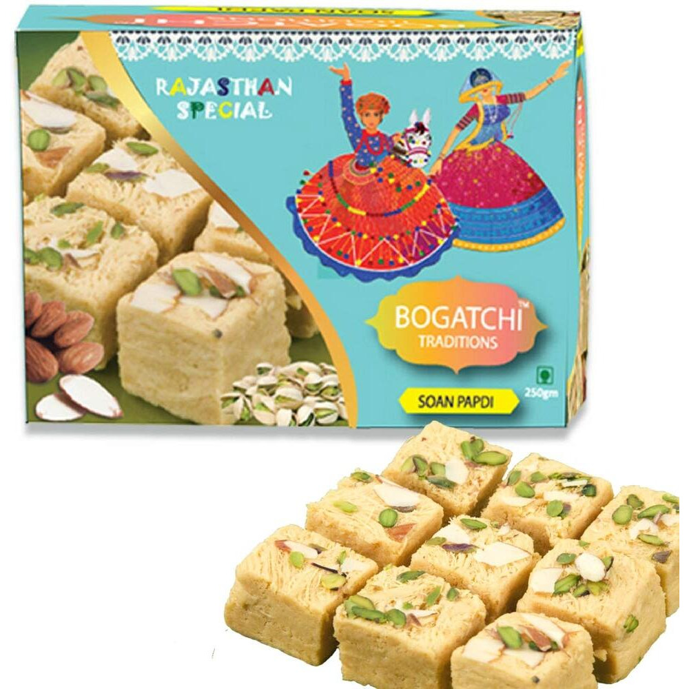 BOGATCHI Complete Rakhi Gift Set Sweets and Dry Fruits for Brother, Traditional Soan Papdi(250g) & Natural Raisins (100g) + Free Rakhi Greeting Card + Free Rakhi + Roli Chawal