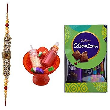 NUTRI MIRACLE Rakhi Hampers & Gourmet Gifts with Stone Rakhi, 1 Celebration Chocolate Pack and Decorative Tilak Kit