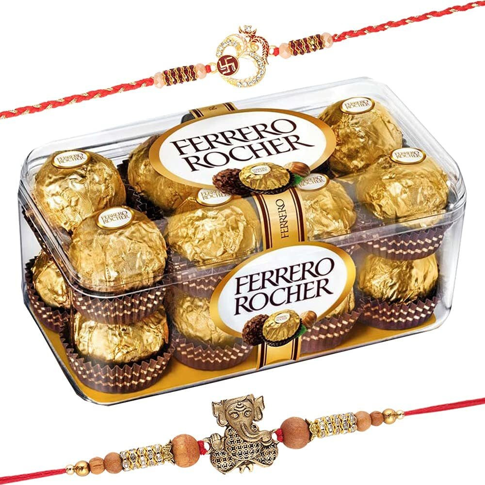 Astonished Retail SFU E Com 16 Pieces Ferrero Rocher with Set of 2 Rakhi | Ferrero Rocher Chocolate for Brother with Rakhi | 16 Pieces Ferrero Rocher Rakhi Hamper | 22