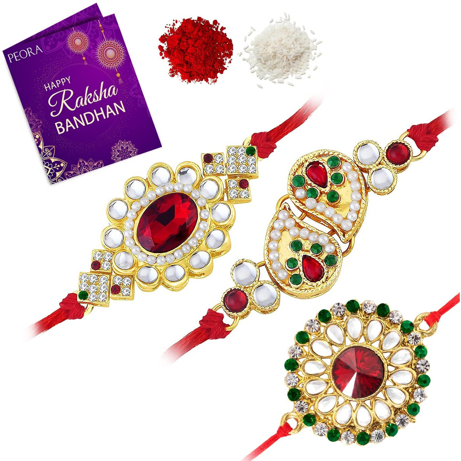 Peora Beautiful Beads Kundan Raksha Bandhan Rakhi Bracelet with Chawal Roli, Greeting Card (Combo Pack of 3) For Men