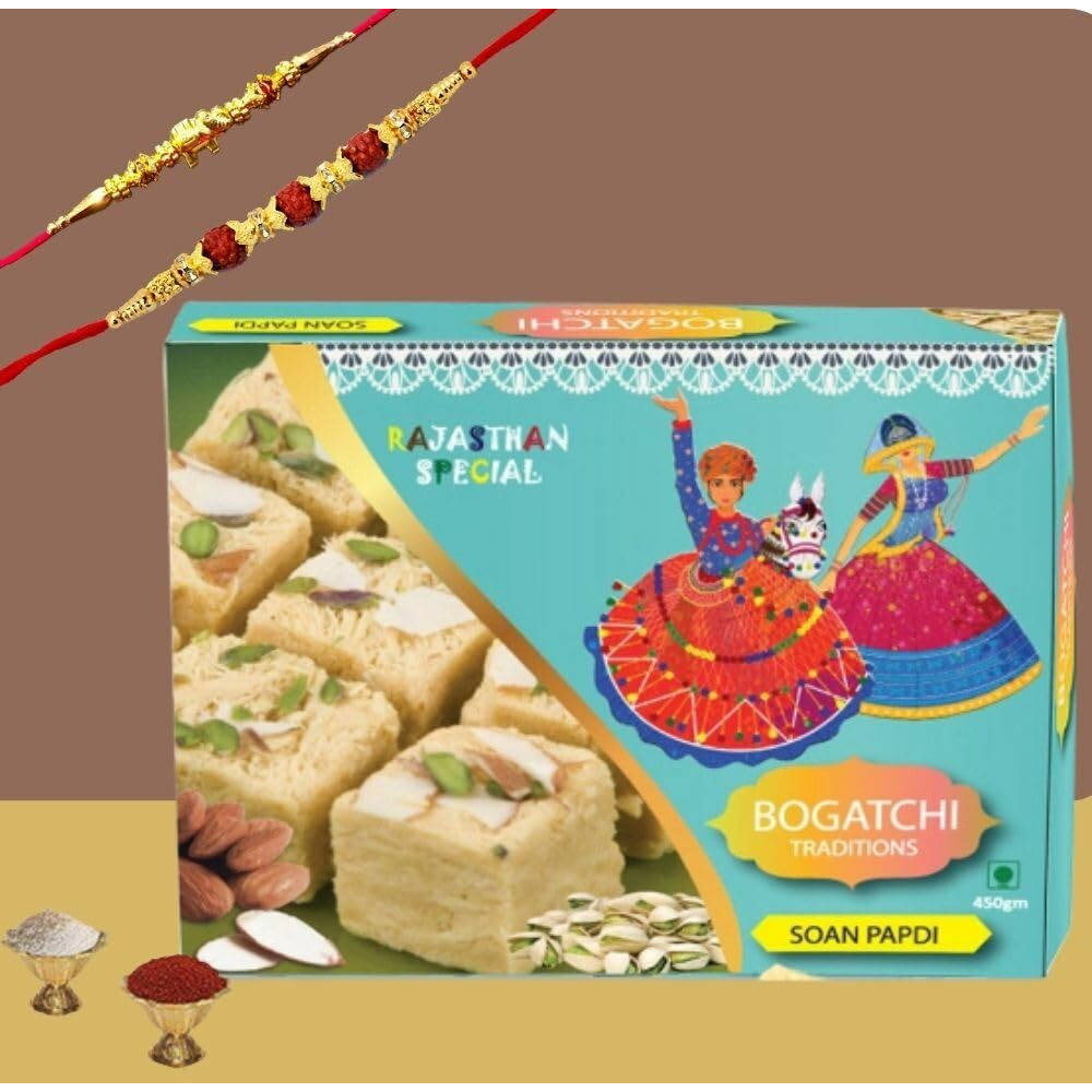 BOGATCHI Soan Papdi Rakhi Gift Complete Hamper, Rakhi Combo Gift, Rakhi Gift for Brother, Rakhi Sweets for Brother,400g + Free Rakhi Greeting Card + Free Rakhi + Roli Chawal