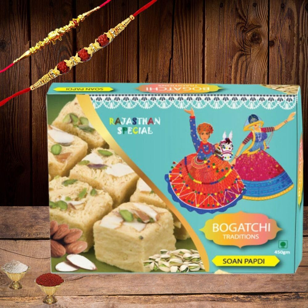 BOGATCHI Soan Papdi Rakhi Gift Complete Hamper, Rakhi Combo Gift, Rakhi Gift for Brother, Rakhi Sweets for Brother,400g + Free Rakhi Greeting Card + Free Rakhi + Roli Chawal