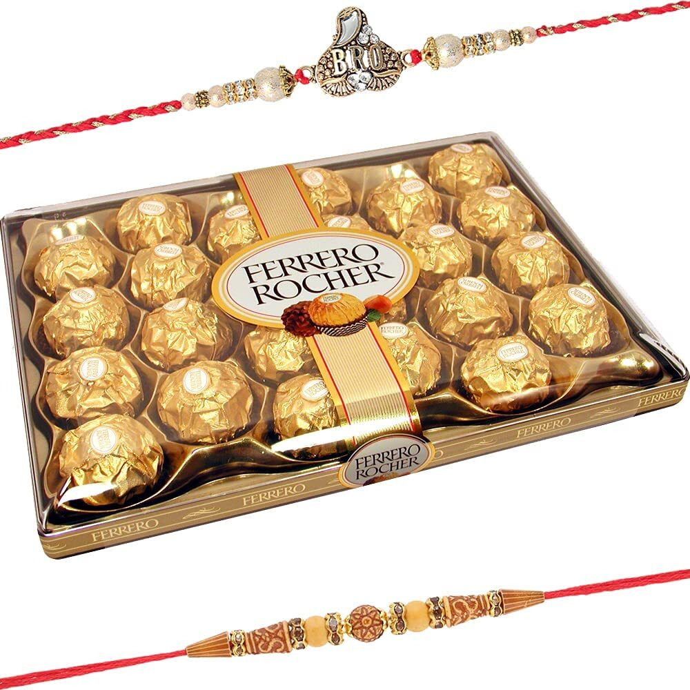 SFU E Com 24 Pieces Rocher with Set of 2 Rakhi | Rocher Chocolate for Brother with Rakhi | 24 Pieces Rocher Rakhi Hamper | 30