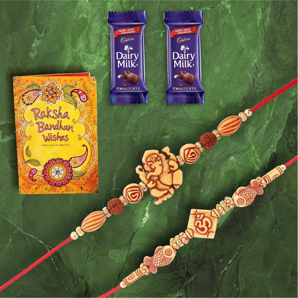 SFU E Com Premium Designer Set of 2 Rakhi & Greeting Card with 2 Pieces Cadbury Dairy Milk Chocolate Gift for Brother, Roli, Chawal, Chandan, Misri, 13