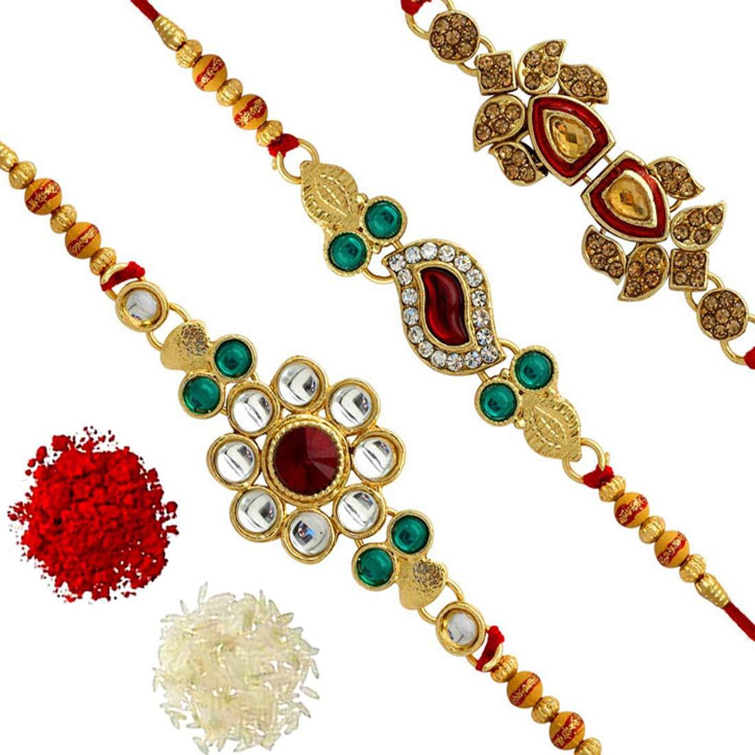 Jaipur Mart Brass with Kundan Stylish Bracelet Rakhi with Roli Chawal for Men (Multicolour)