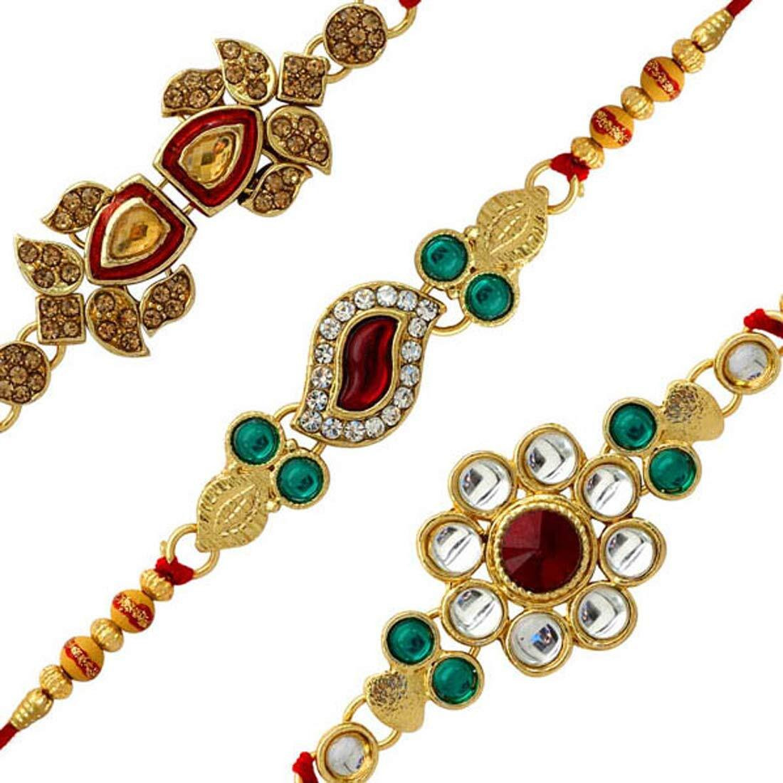 Jaipur Mart Brass with Kundan Stylish Bracelet Rakhi with Roli Chawal for Men (Multicolour)