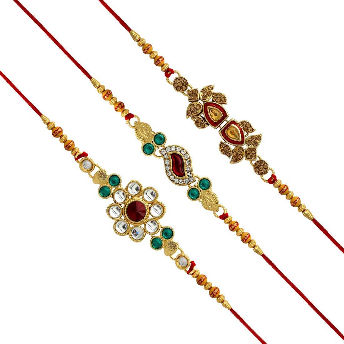 Jaipur Mart Brass with Kundan Stylish Bracelet Rakhi with Roli Chawal for Men (Multicolour)