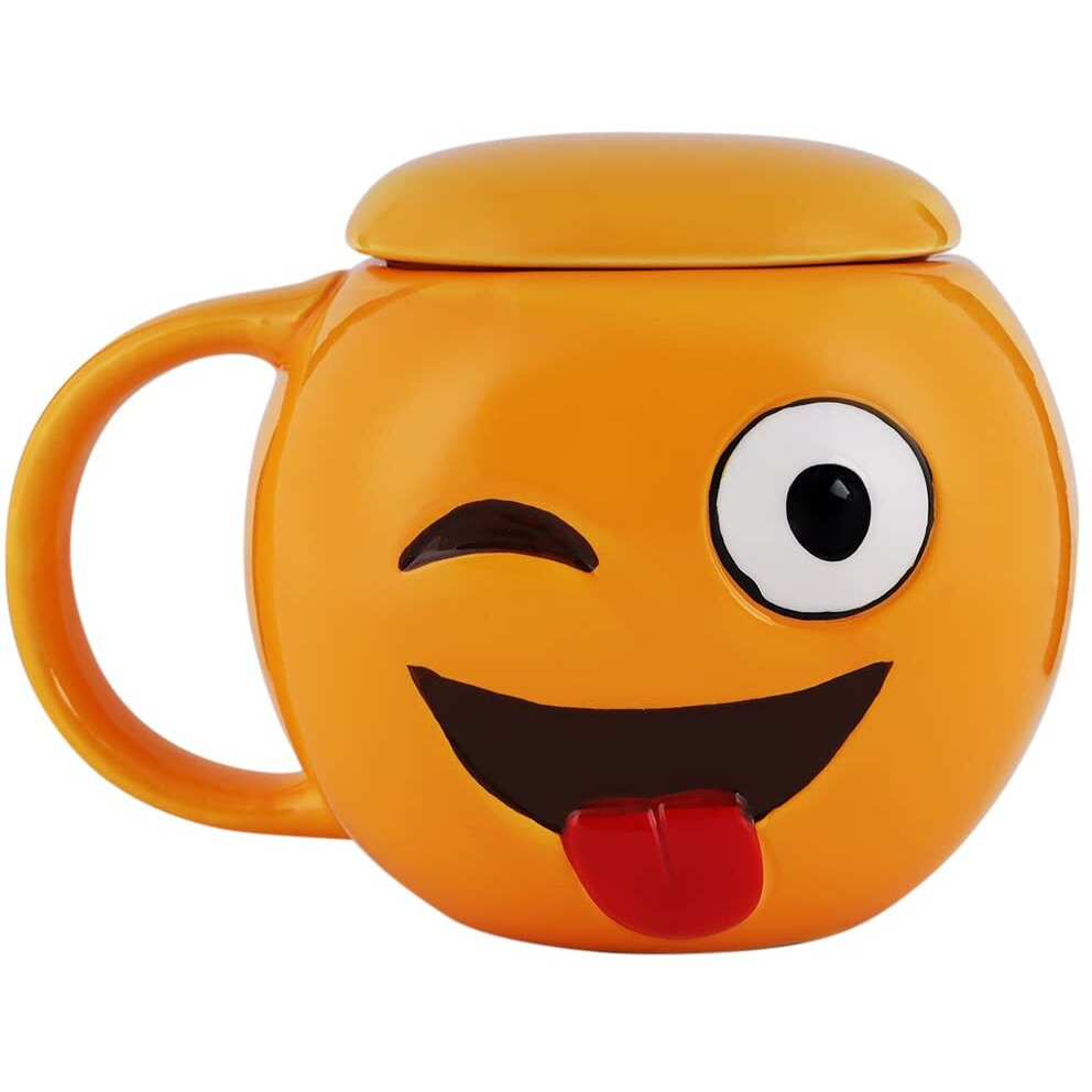 BonZeal Emoji Mug Wink Eye Tongue Ceramic Coffee Mug with Lid Tea Cup Set Birthday Gift for Girls and Boys, Mugs for Coffee, Emoji Mugs, Rakhi Gift for Brother and Sister, Gift for Friends 500 ml