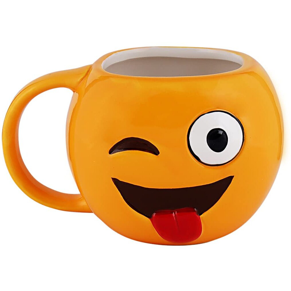 BonZeal Emoji Mug Wink Eye Tongue Ceramic Coffee Mug with Lid Tea Cup Set Birthday Gift for Girls and Boys, Mugs for Coffee, Emoji Mugs, Rakhi Gift for Brother and Sister, Gift for Friends 500 ml