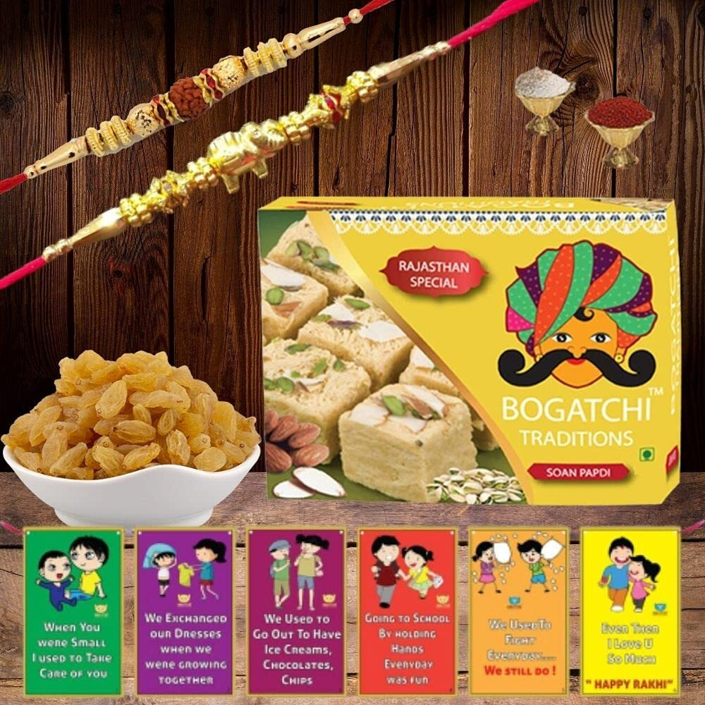 BOGATCHI Rakhi with Sweets for Brother, Traditional Soan Papdi, 400gm with 2 Rakhi + Natural Raisins,100g + Roli Chawal + Free Rakhi Card