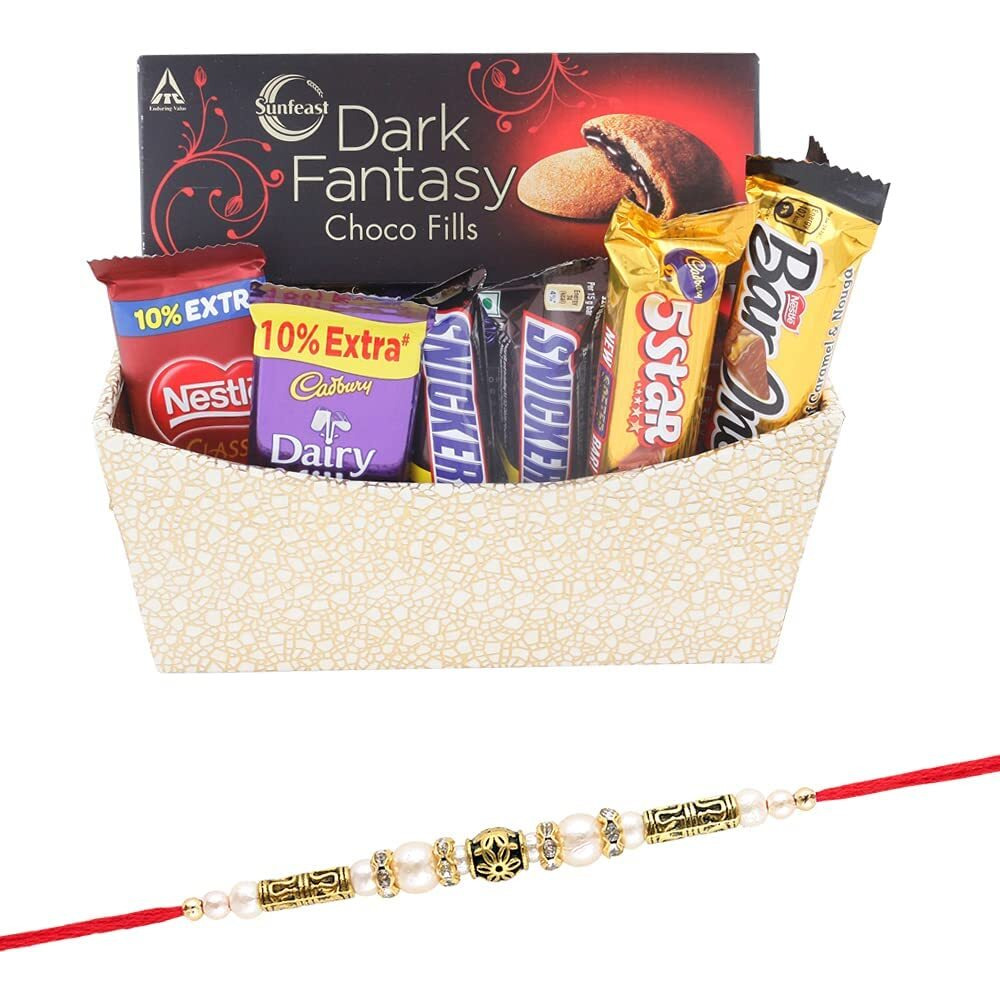 Astonished Retail Beautiful Choclate Gift Hamper with Basket | Golden Pearl Rakhi Chocolate for Brother | Rakhi Chocolate Hamper | Roli, Chawal, Chandan, Misri | 605