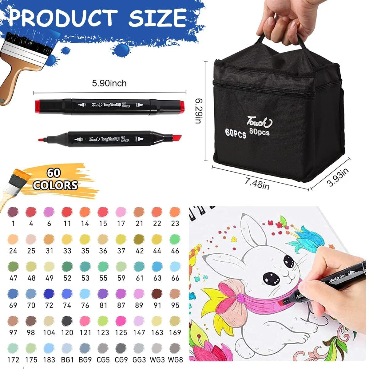 Dravina 60pc Dual Marker Pen Set With Tray & Rakhi Gift for Brother| Fine & Broad Tip Acrylic Marker For Drawing, Colouring, Calligraphy| Alcohol Based Art Markers| Odorless & Non Toxic