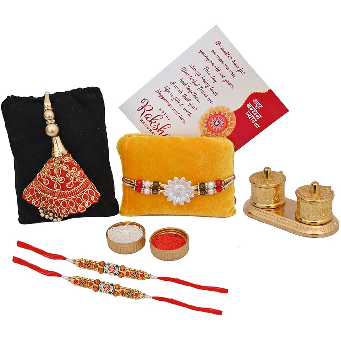 Craftam Rakhi Gifts for Brother, Bhabhi and Children Combo Set- 4 Rakhi Set with Double Dabbi Shape Kumkum Box, Roli Rice Pack and Raksha Bhandhan Greeting