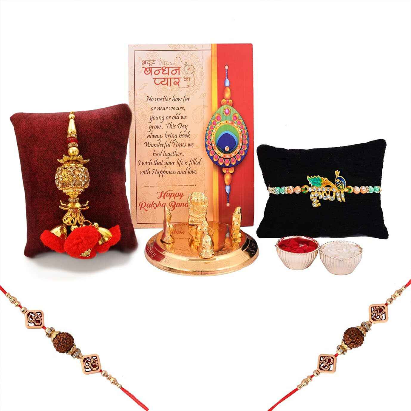 Collectible India Rakhi Combo Set - Gifts for Bhaiya Bhabhi - Metal Shiv Parivaar Statue/Greeting Card/Krishna Rakhi/Lumba Rakhi for Bhabhi/Rakhi for Bhaiya Bhabhi Kids