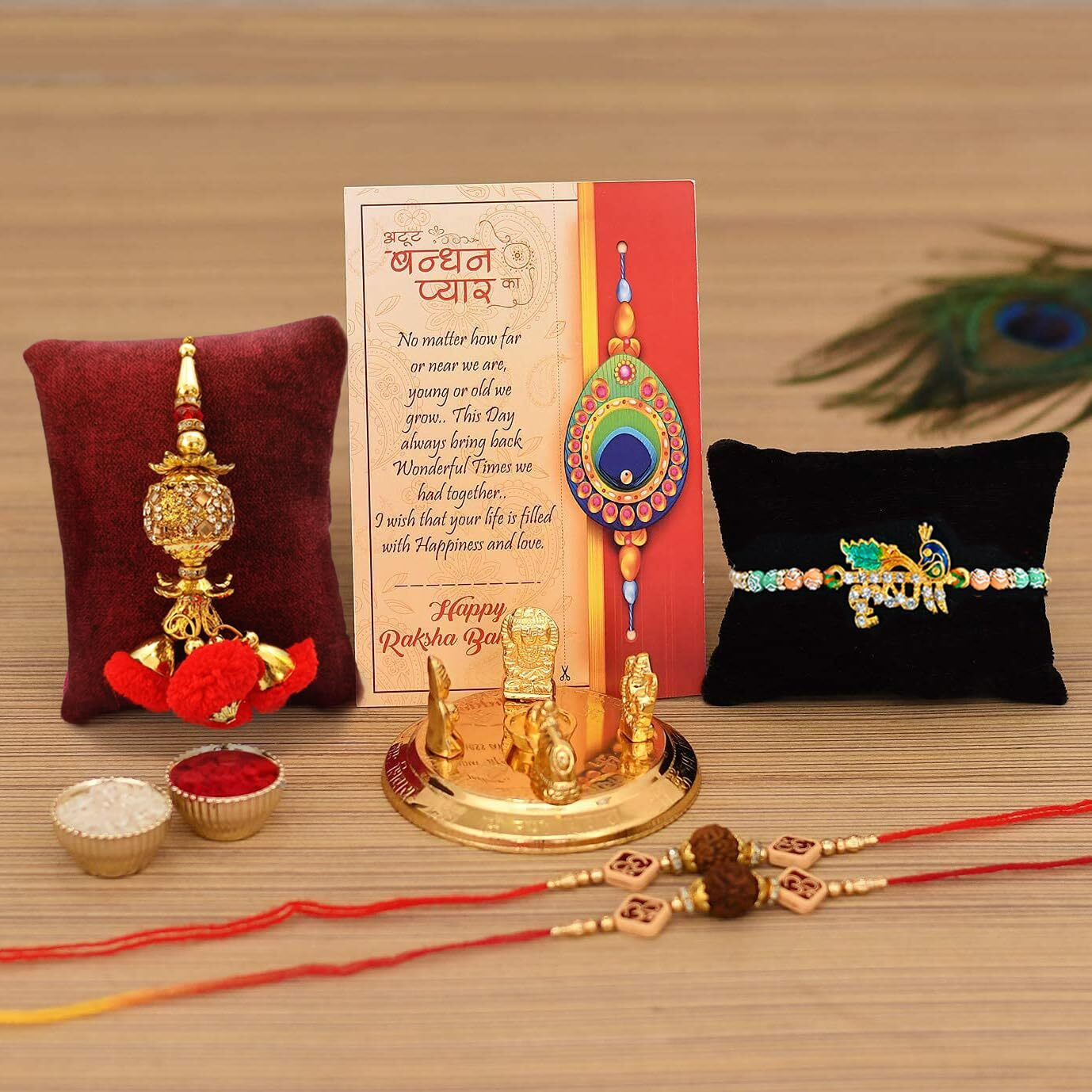 Collectible India Rakhi Combo Set - Gifts for Bhaiya Bhabhi - Metal Shiv Parivaar Statue/Greeting Card/Krishna Rakhi/Lumba Rakhi for Bhabhi/Rakhi for Bhaiya Bhabhi Kids