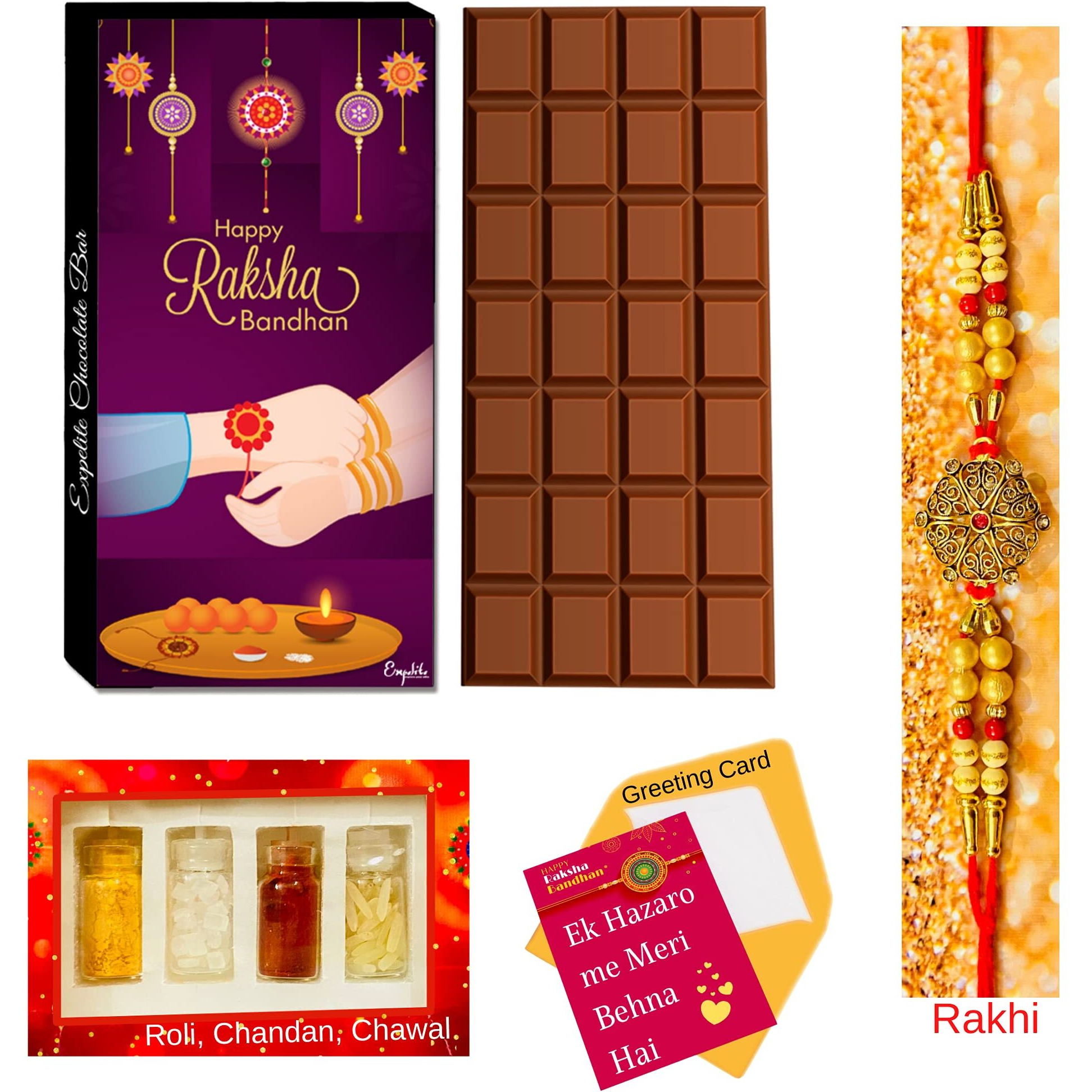 Expelite Rakhi with Chocolate Gift, Rakhi for Brother Bro Sis, Rakhi with Dry fruits, Rakhi With Roli Chawal, Raksha Bandhan Gift (100 Grams Bar) (Rakhi Bar Combo, Rakhi Combo 6)