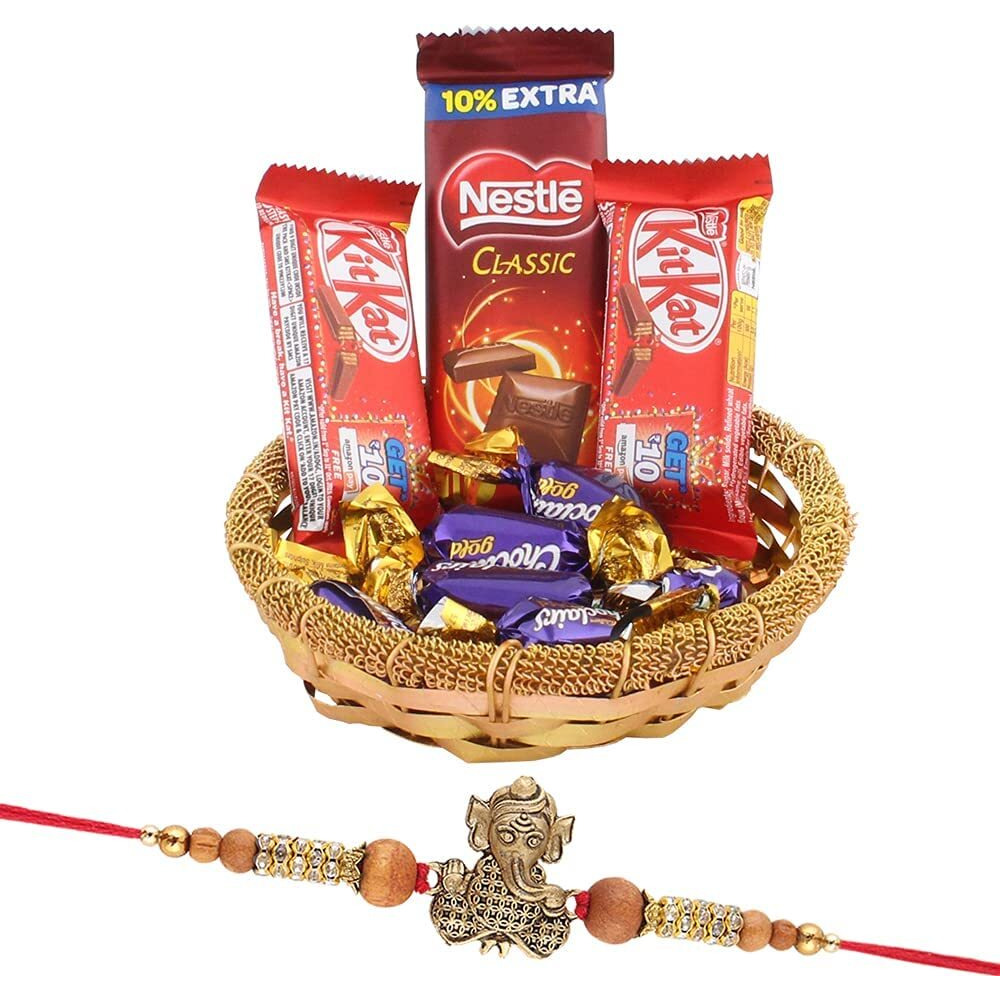 Astonished Retail Mini Chocolate Celebrations Pack | Ganesh Ji Rakhi with Chocolate for Brother | Rakhi Chocolate Hamper | Roli, Chawal, Chandan, Misri | 639