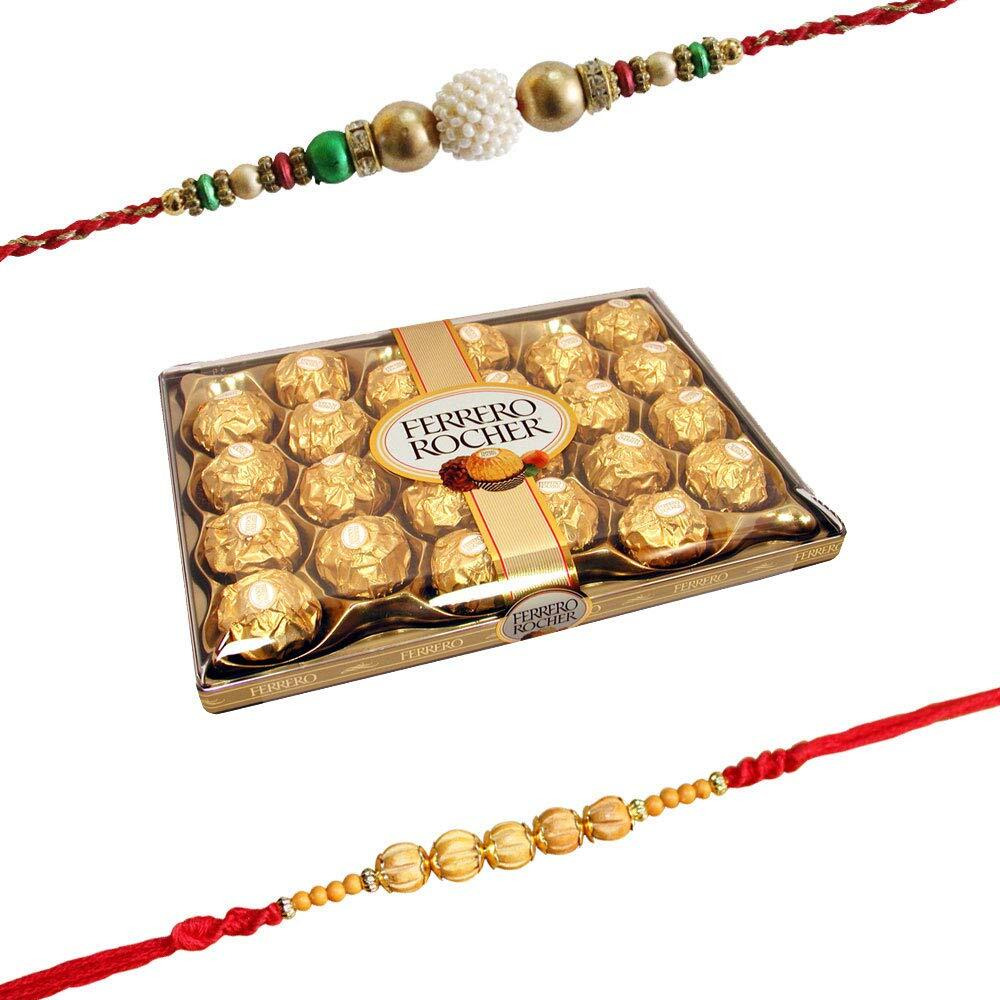 SFU E Com Set of 2 Rakhi with 24 Pieces Ferrero Rocher | Ferrero Rocher Chocolate for Brother | 24 Pieces Ferrero Rocher Chocolate Hamper | Roli, Chawal, Chandan, Misri | 010