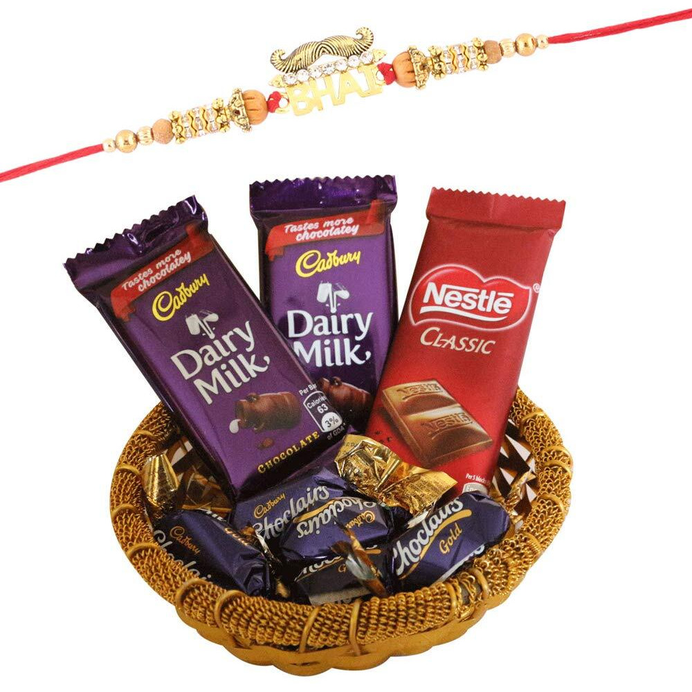 SFU E Com Premium Bro Design Rakhi with Chocolates | Rakhi Chocolate Gift for Brother | Premium Rakhi Chocolate Basket Hamper | Roli, Chawal, Chandan, Misri | 4331