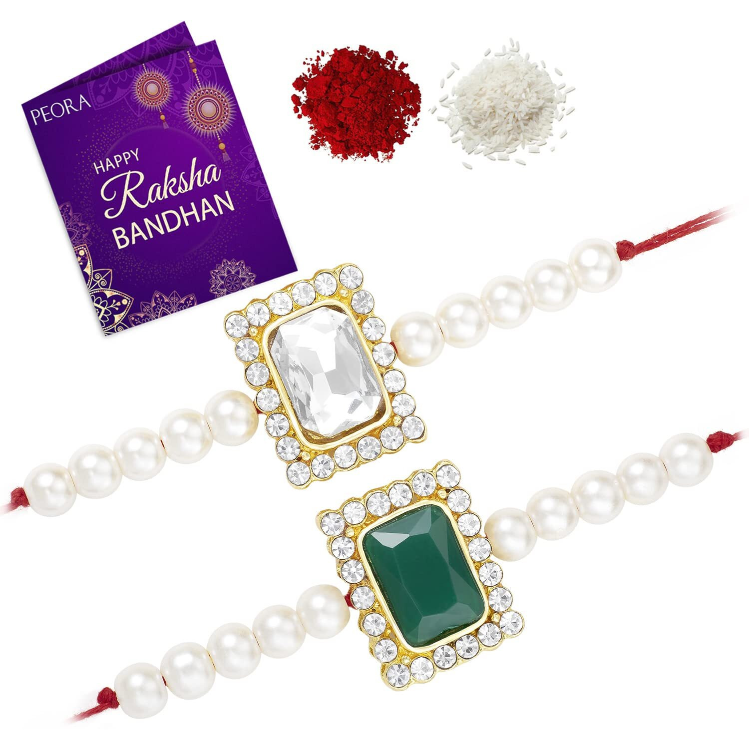 Peora Mens Thread Beautiful Kundan Beads Raksha Bandhan Rakhi with Chawal Roli Greeting Card (Combo Pack of 2)