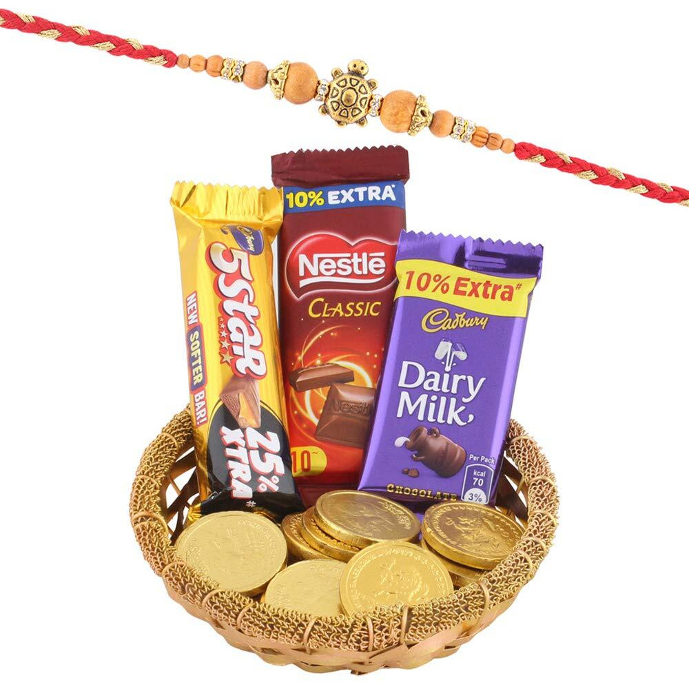 SFU E Com Tortoise Rakhi & Chocolate Gift Hamper for Brother, Roli, Chawal, Chandan, Misri, 46