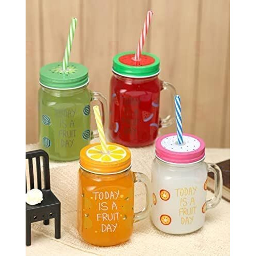 SATYAM KRAFT 1 Set Glass Mason Jar for kitchen Storage Container and Beverages,Jars,Hole in Airtight Lid,Mug for Milk,Tea,Coffee,Juice, Shakes,Soft Cold Drinks for rakhi rakshabandhan(500 ml)(Model 3)